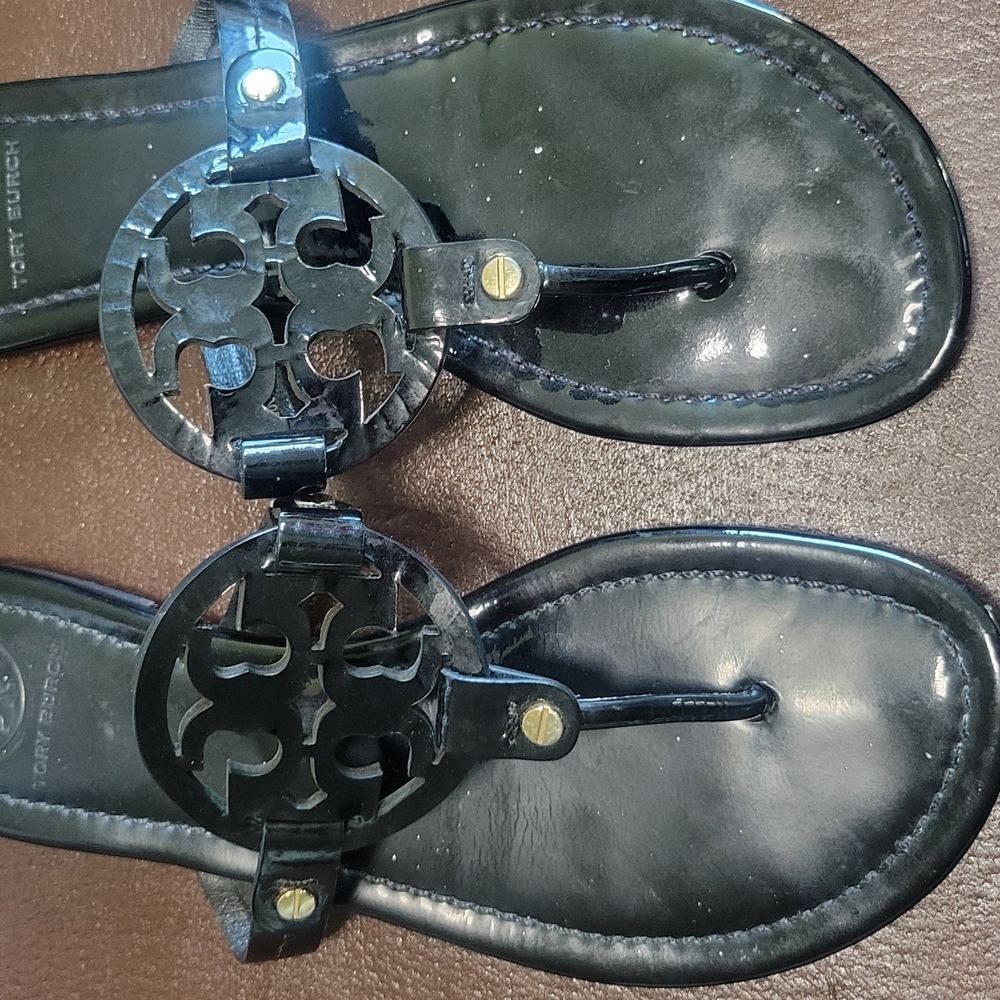 Tory Burch Miller Black Leather Sandals with Medallion